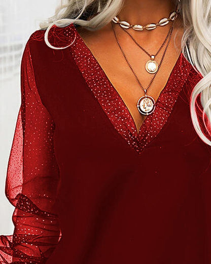 V Neck Fashion Mesh Patchwork Top Cj