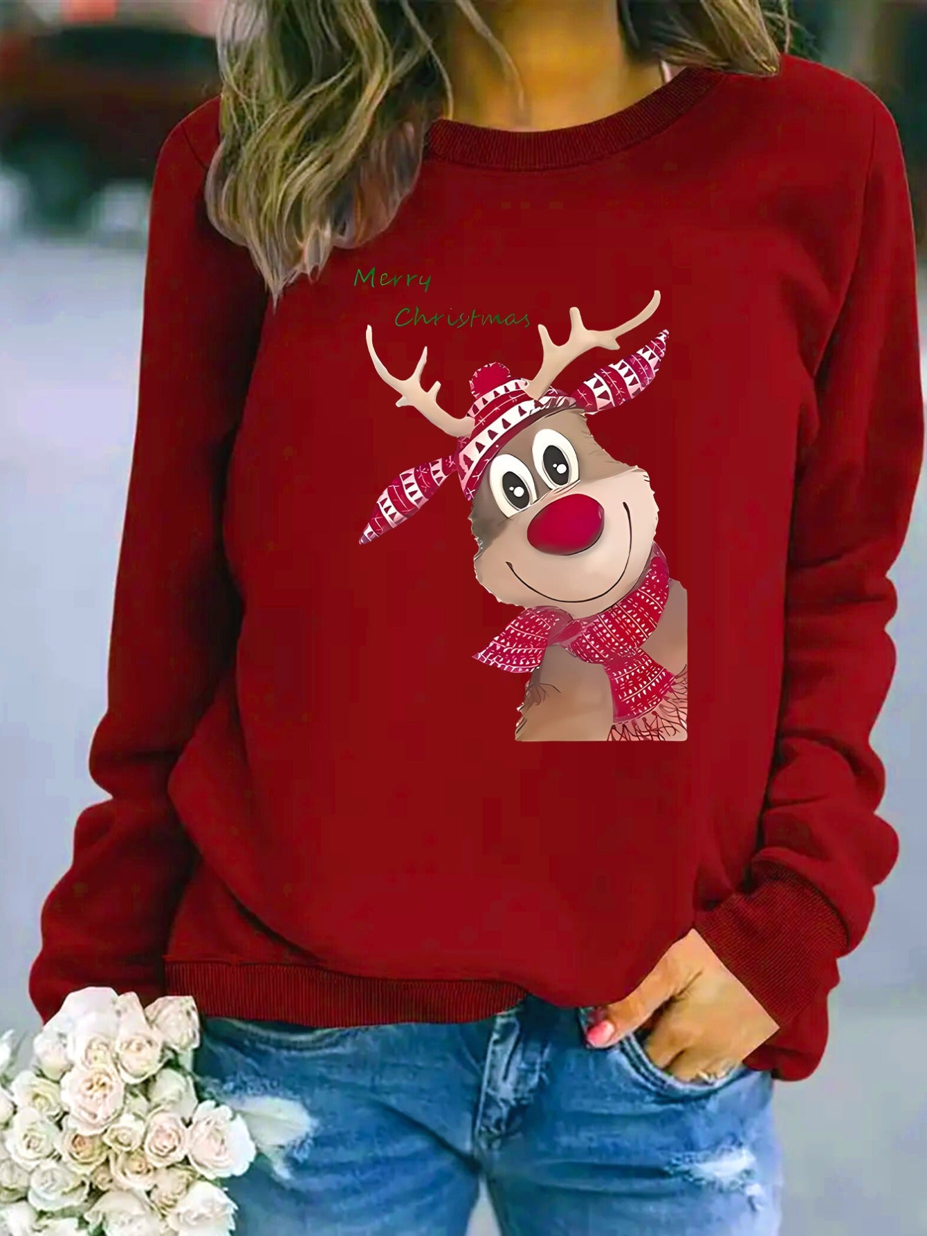 Women's Fashion Christmas Reindeer Print Sweatshirt Cj