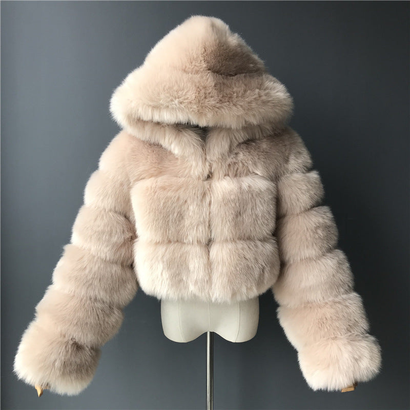 Short Hood Fox Fur Women's Long Sleeve Stitching Coat