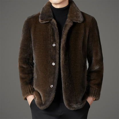 Men's Winter Middle-aged Lapel Golden Mink Leather Wool Coat