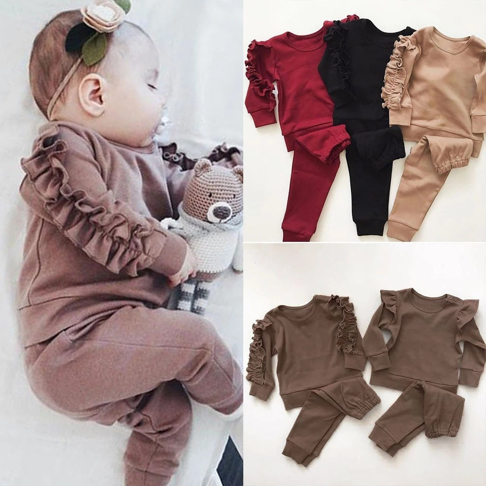 Newborn Baby Boys Girls Ruffles Jumper Solid Long Sleeve Sweatshirt Tops Pants Infant 2Pcs