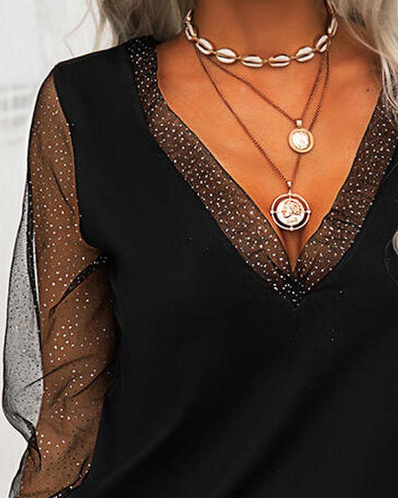 V Neck Fashion Mesh Patchwork Top Cj