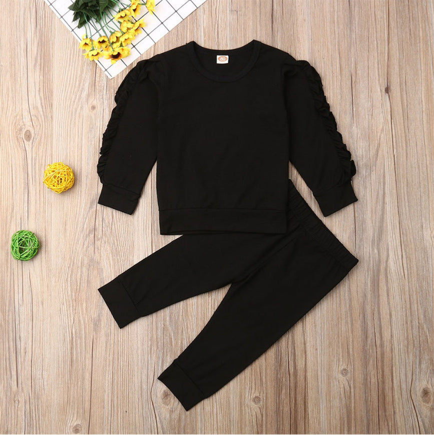 Newborn Baby Boys Girls Ruffles Jumper Solid Long Sleeve Sweatshirt Tops Pants Infant 2Pcs