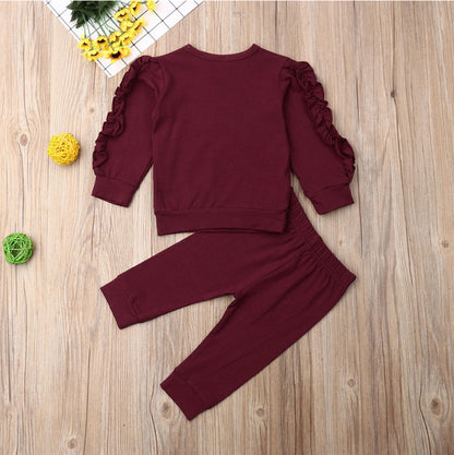 Newborn Baby Boys Girls Ruffles Jumper Solid Long Sleeve Sweatshirt Tops Pants Infant 2Pcs