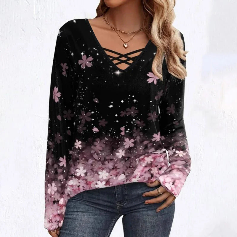 Plus Size Women's Cross Collar Printing Long-t-shirt