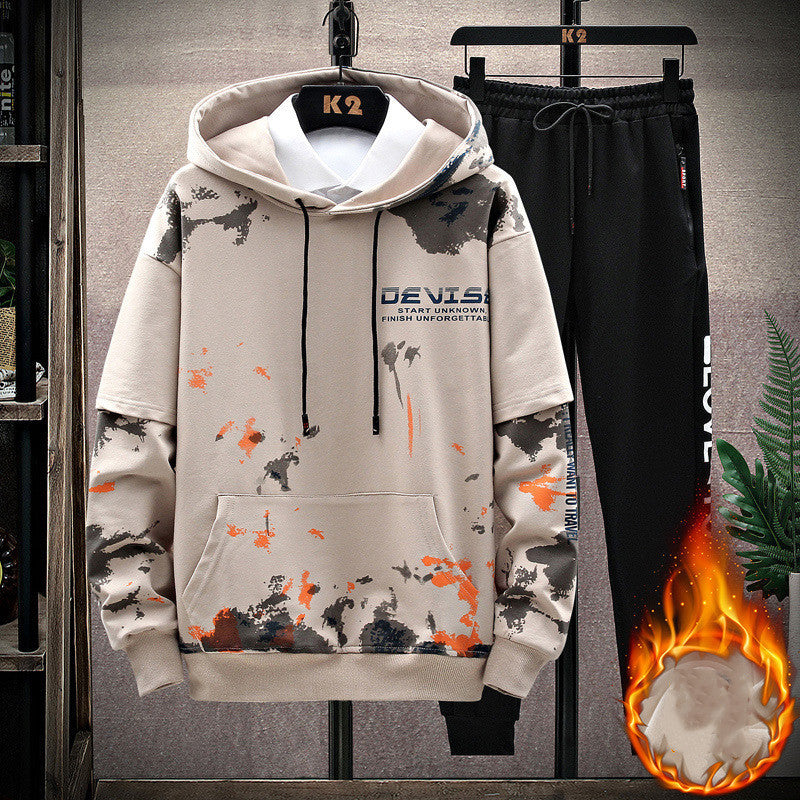 Printed Kangaroo Pocket Casual Sports Hooded Sweater Suit Men your world