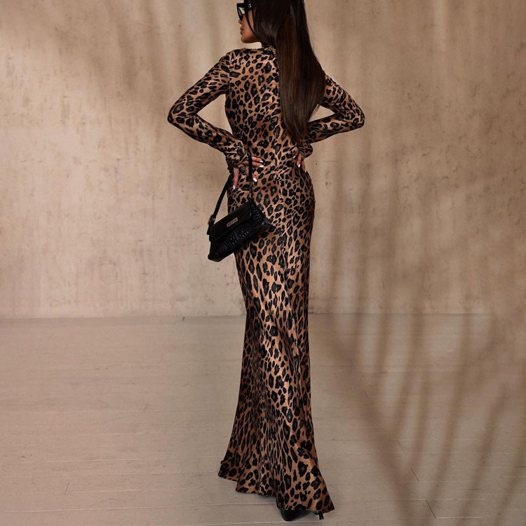 Round Neck Leopard Print High Waist Slim Fit Dress Cj