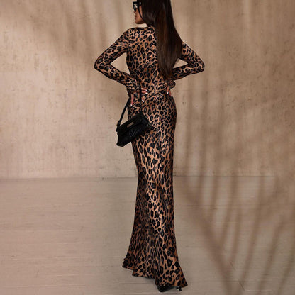 Round Neck Leopard Print High Waist Slim Fit Dress Cj