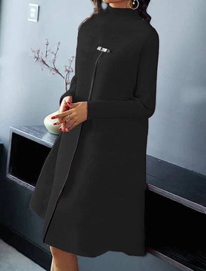 Elegant Solid Color Long Sleeve Turtleneck Slimming Large Hem Dress