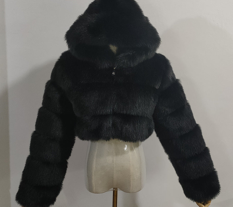 Short Hood Fox Fur Women's Long Sleeve Stitching Coat