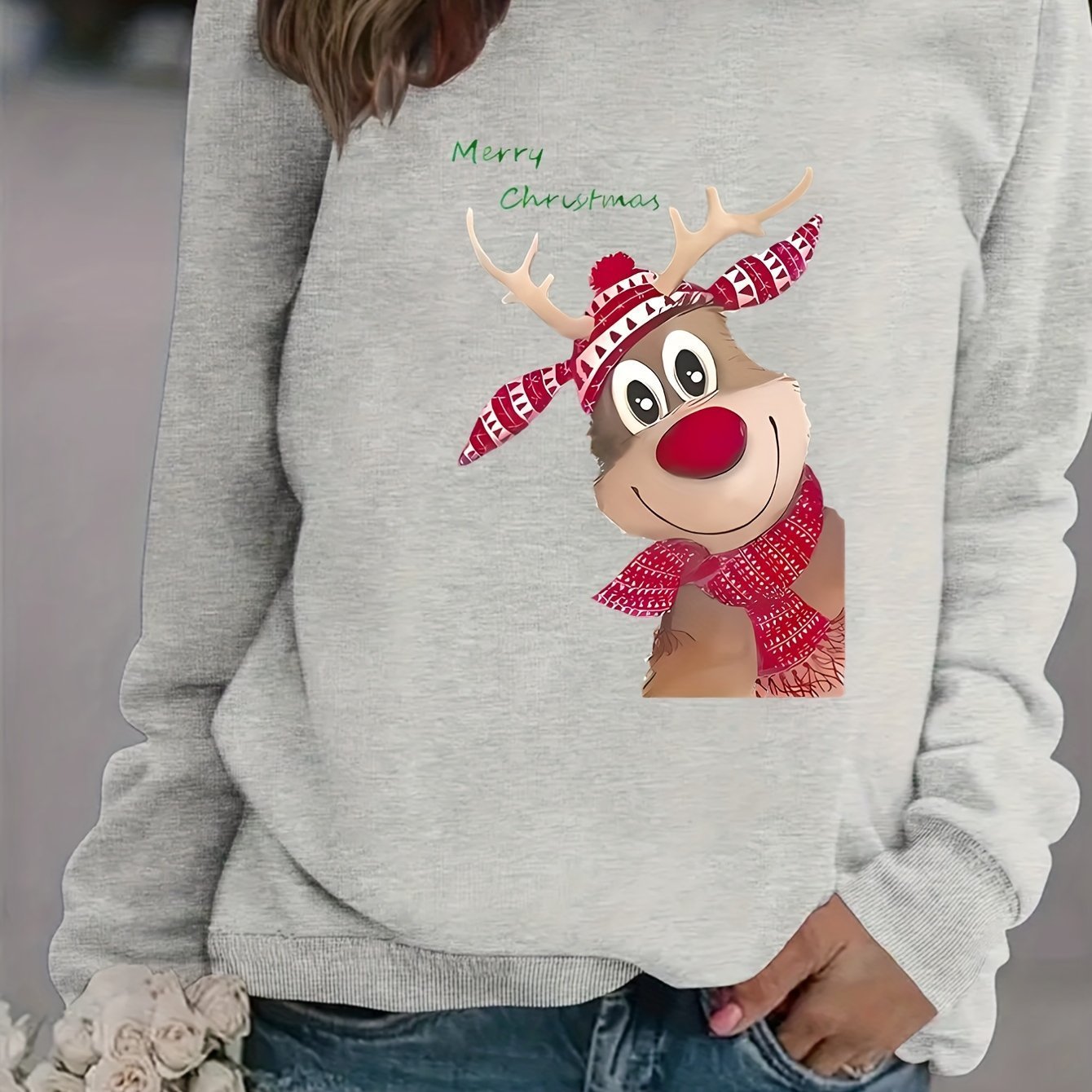 Women's Fashion Christmas Reindeer Print Sweatshirt Cj