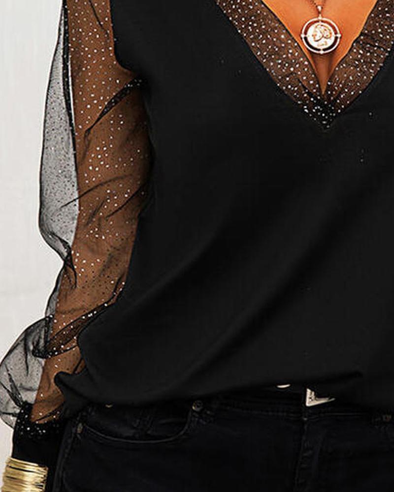 V Neck Fashion Mesh Patchwork Top Cj