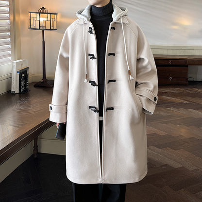 Detachable Hooded Horn Button Woolen Coat Men