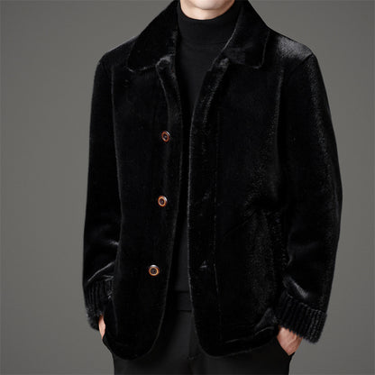 Men's Winter Middle-aged Lapel Golden Mink Leather Wool Coat