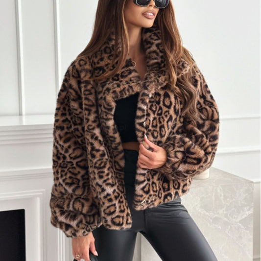 Fashion Personality New Autumn And Winter Fur Leopard Print Lapel Short Coat