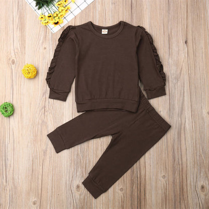 Newborn Baby Boys Girls Ruffles Jumper Solid Long Sleeve Sweatshirt Tops Pants Infant 2Pcs