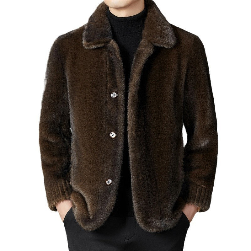 Men's Winter Middle-aged Lapel Golden Mink Leather Wool Coat