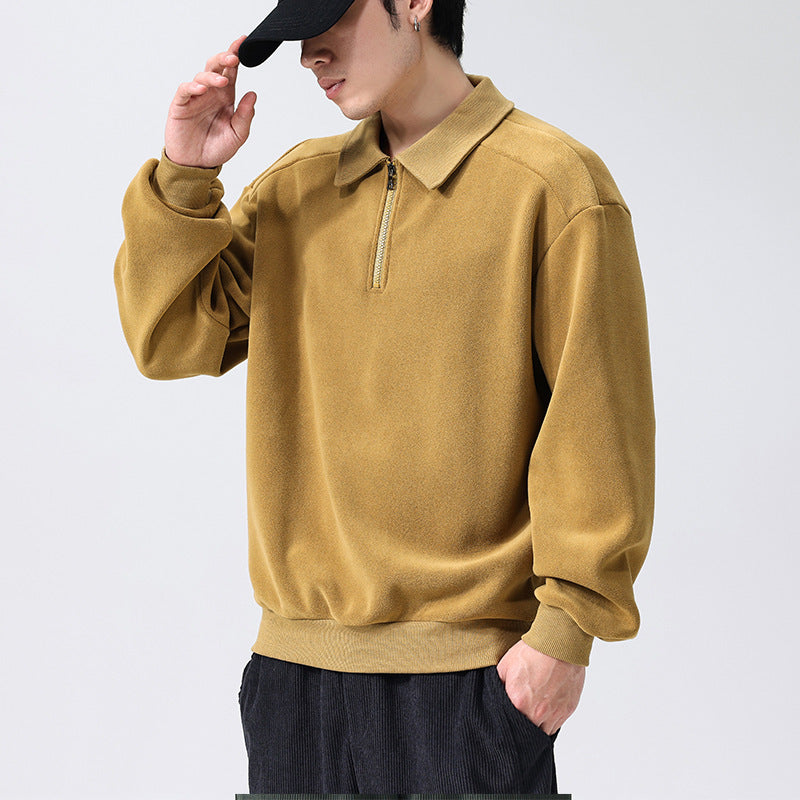 Fashion Lapel Half-zip Sweatshirt Winter Warm Fleece Long Sleeve Top Men's Clothing - your world