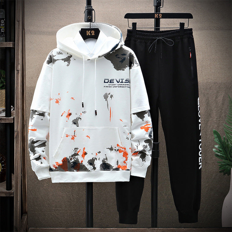 Printed Kangaroo Pocket Casual Sports Hooded Sweater Suit Men your world