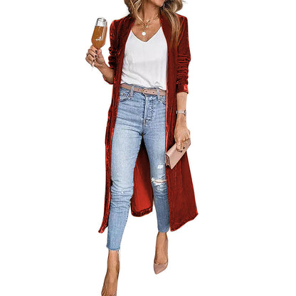 Fashion Women's Wear Solid Color Long-sleeved Cardigan Autumn Velvet Elegant Long Coat