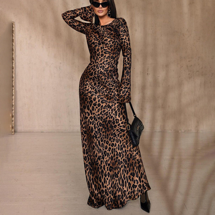 Round Neck Leopard Print High Waist Slim Fit Dress Cj