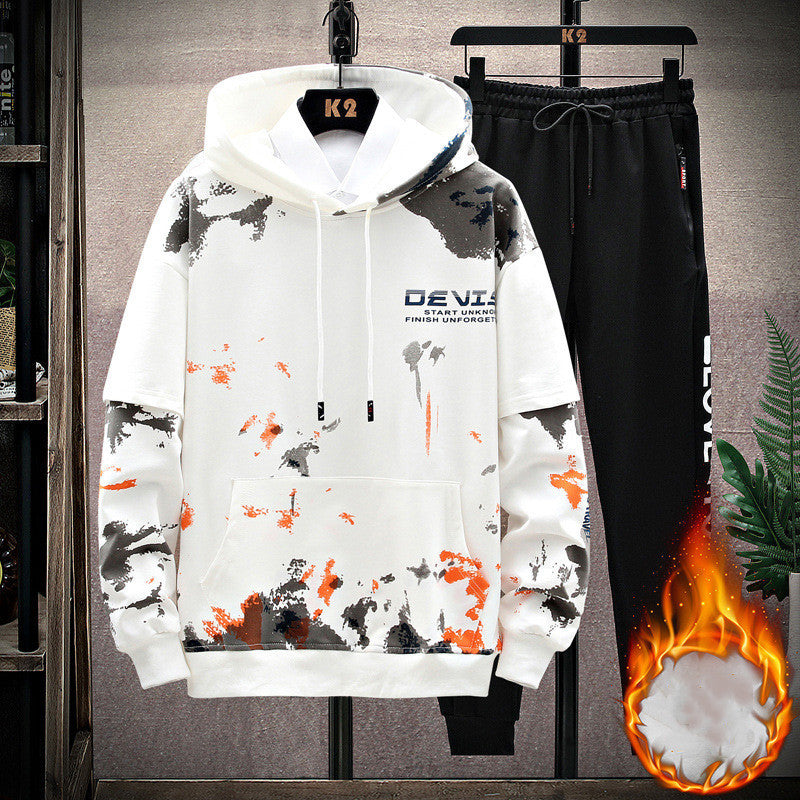 Printed Kangaroo Pocket Casual Sports Hooded Sweater Suit Men your world