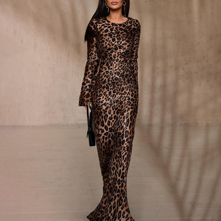 Round Neck Leopard Print High Waist Slim Fit Dress Cj