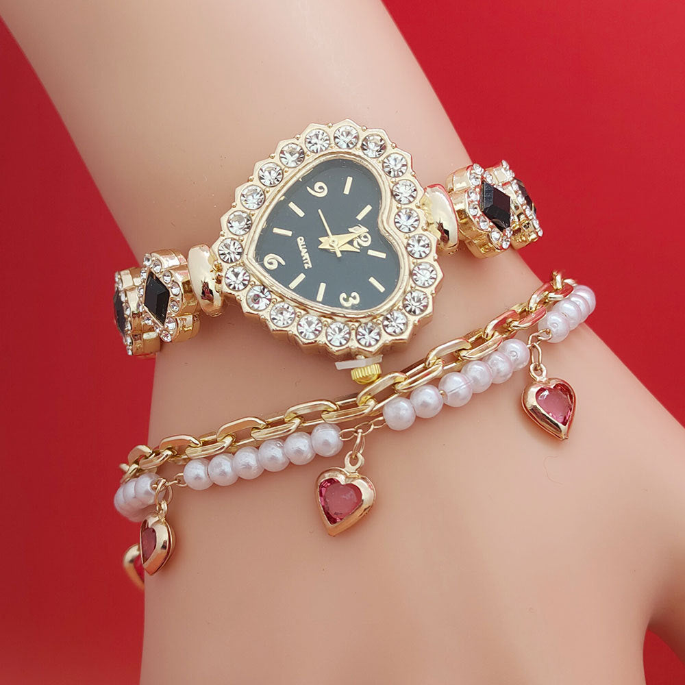 Fashion Diamond-embedded Love Heart-shaped Bracelet Watch Suit your world