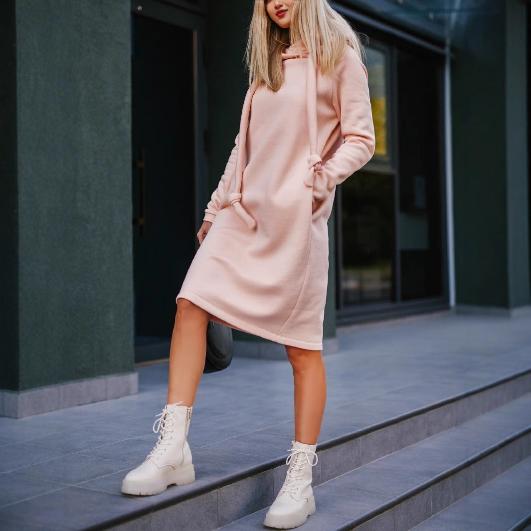 Street Slim-fit Hood Long Pullover Thickened Sweater Dress