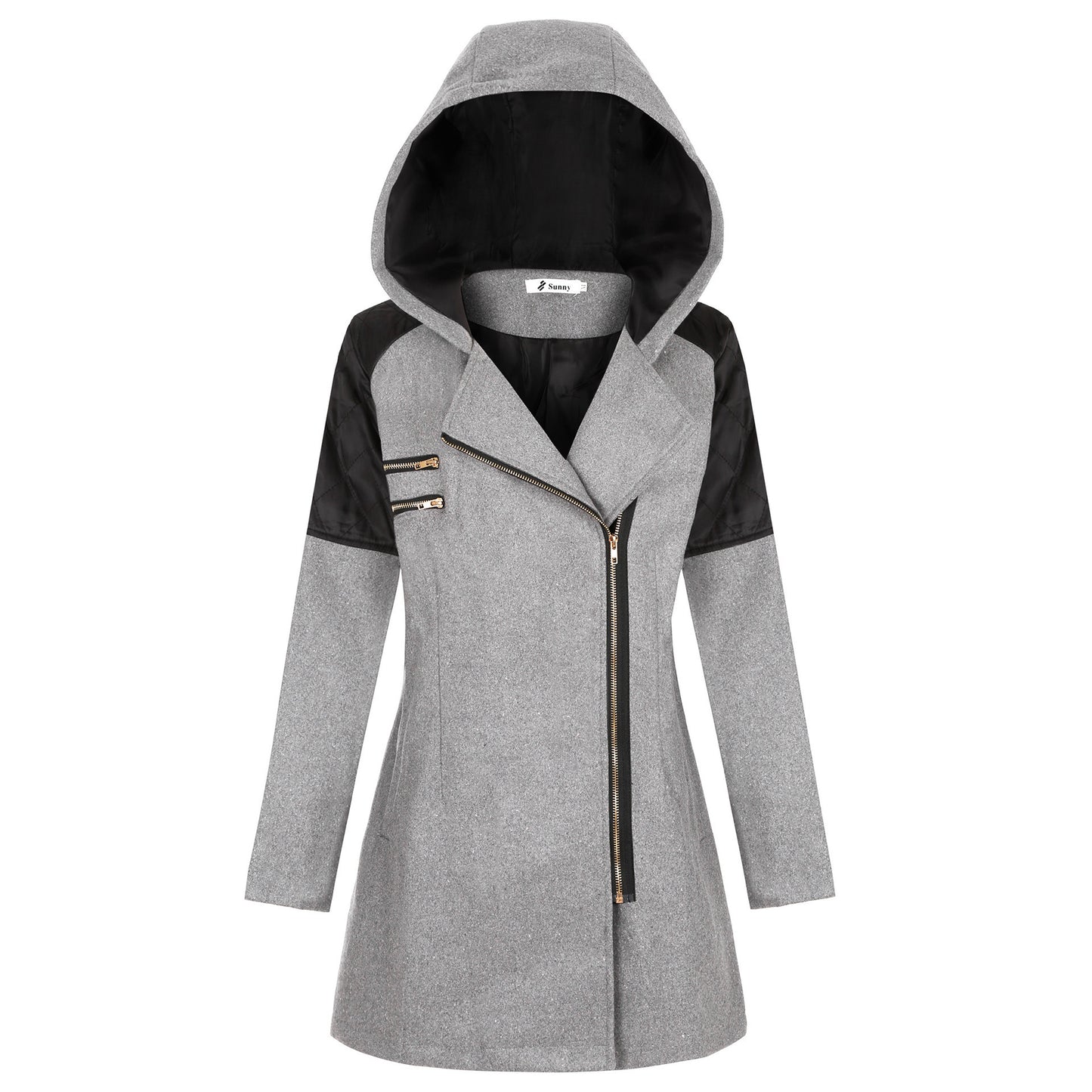 Oblique Zipper Hooded Thickened Thermal Mid-length Trench Coat