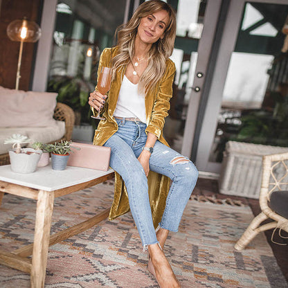 Fashion Women's Wear Solid Color Long-sleeved Cardigan Autumn Velvet Elegant Long Coat