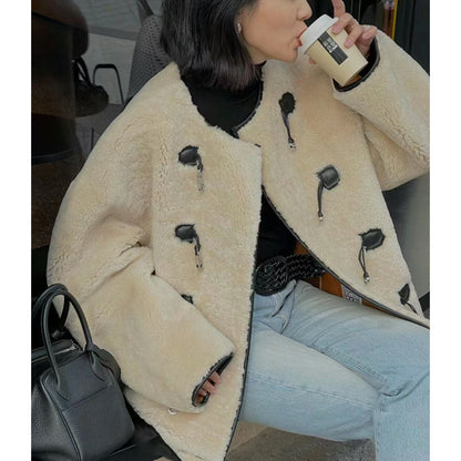 Autumn And Winter New Metal Leather Ring Fur Stitching Casual Fashionable Stylish Coat Cj