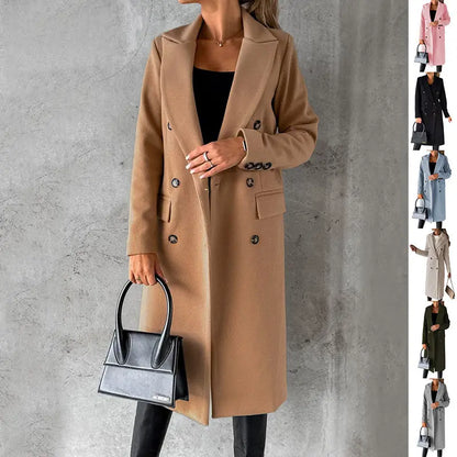 Long Sleeve Lapel Coat Winter Fashion Solid Double Breasted Slim Long Jacket Womens Clothing Cj