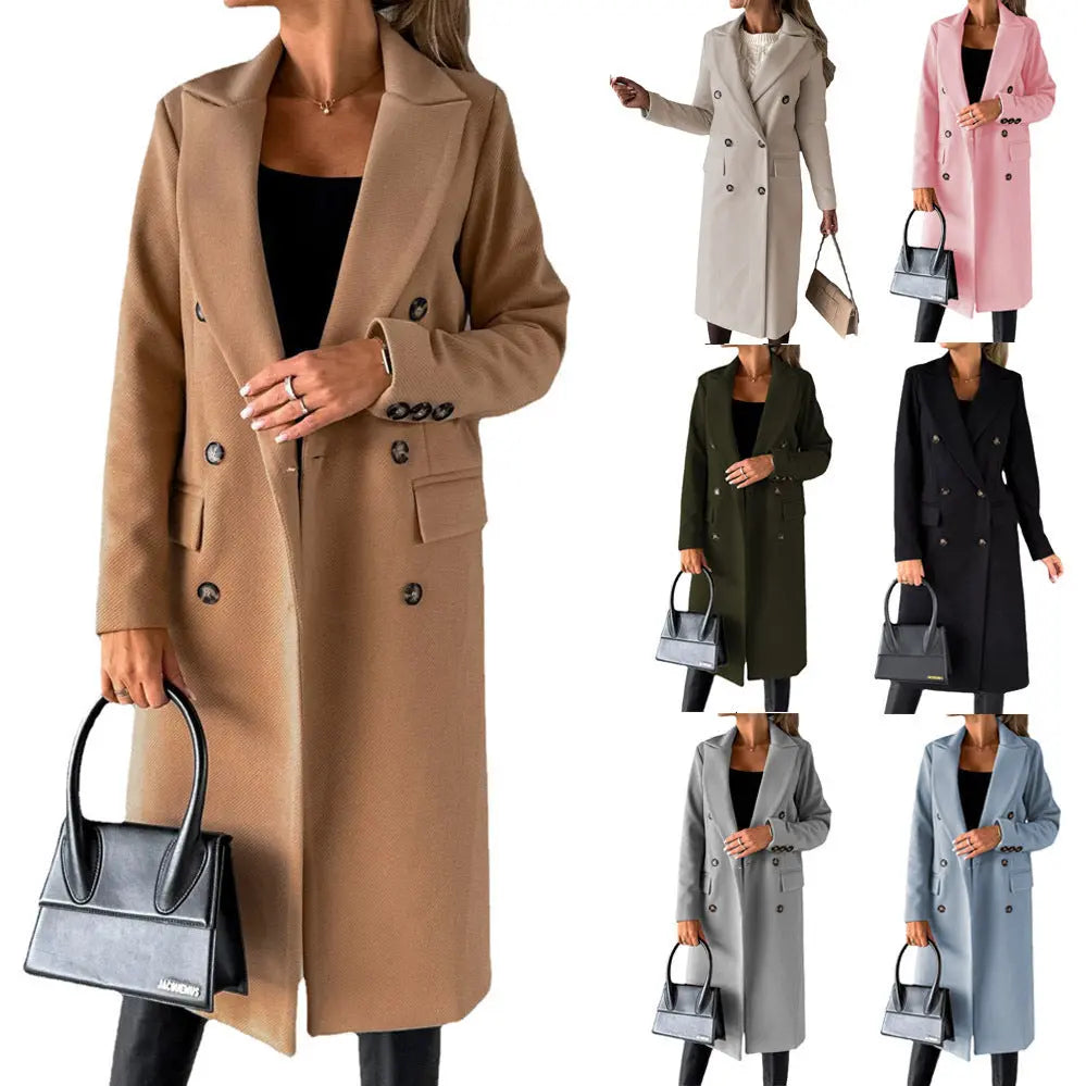 Long Sleeve Lapel Coat Winter Fashion Solid Double Breasted Slim Long Jacket Womens Clothing Cj