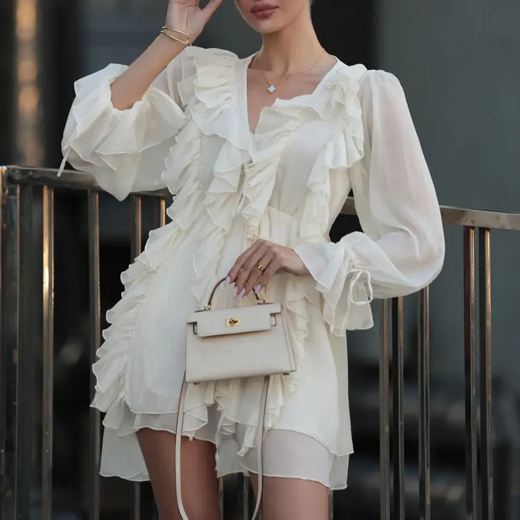 Ruffled Tied Dress Women V-neck Long Sleeve Fashion A- Line Dress Cj