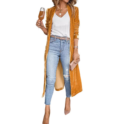 Fashion Women's Wear Solid Color Long-sleeved Cardigan Autumn Velvet Elegant Long Coat