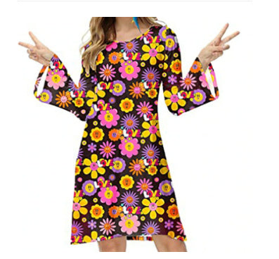 Women's Vintage 70's Hippie Clothing Print Ladies Dress