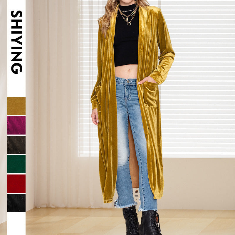 Fashion Women's Wear Solid Color Long-sleeved Cardigan Autumn Velvet Elegant Long Coat