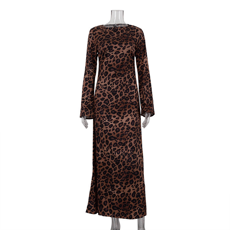 Round Neck Leopard Print High Waist Slim Fit Dress Cj