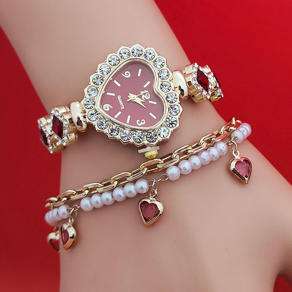 Fashion Diamond-embedded Love Heart-shaped Bracelet Watch Suit your world