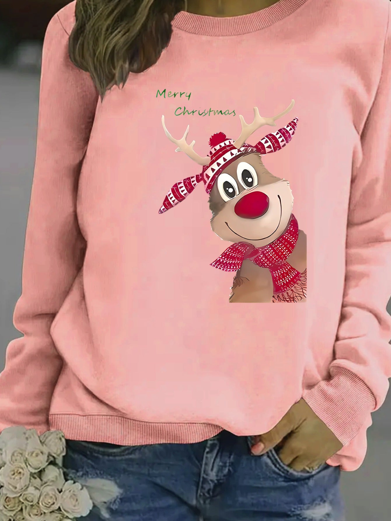 Women's Fashion Christmas Reindeer Print Sweatshirt Cj