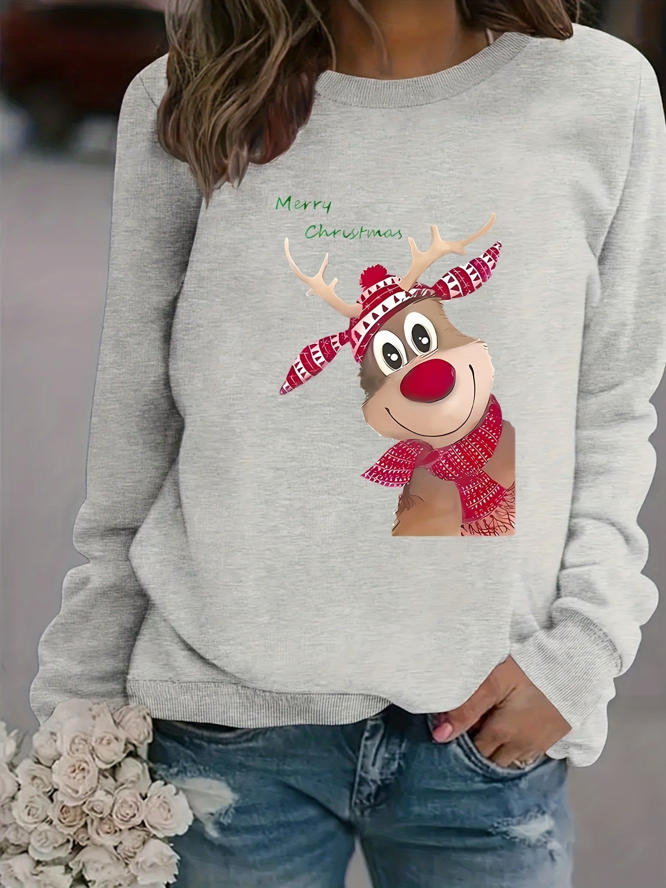 Women's Fashion Christmas Reindeer Print Sweatshirt Cj