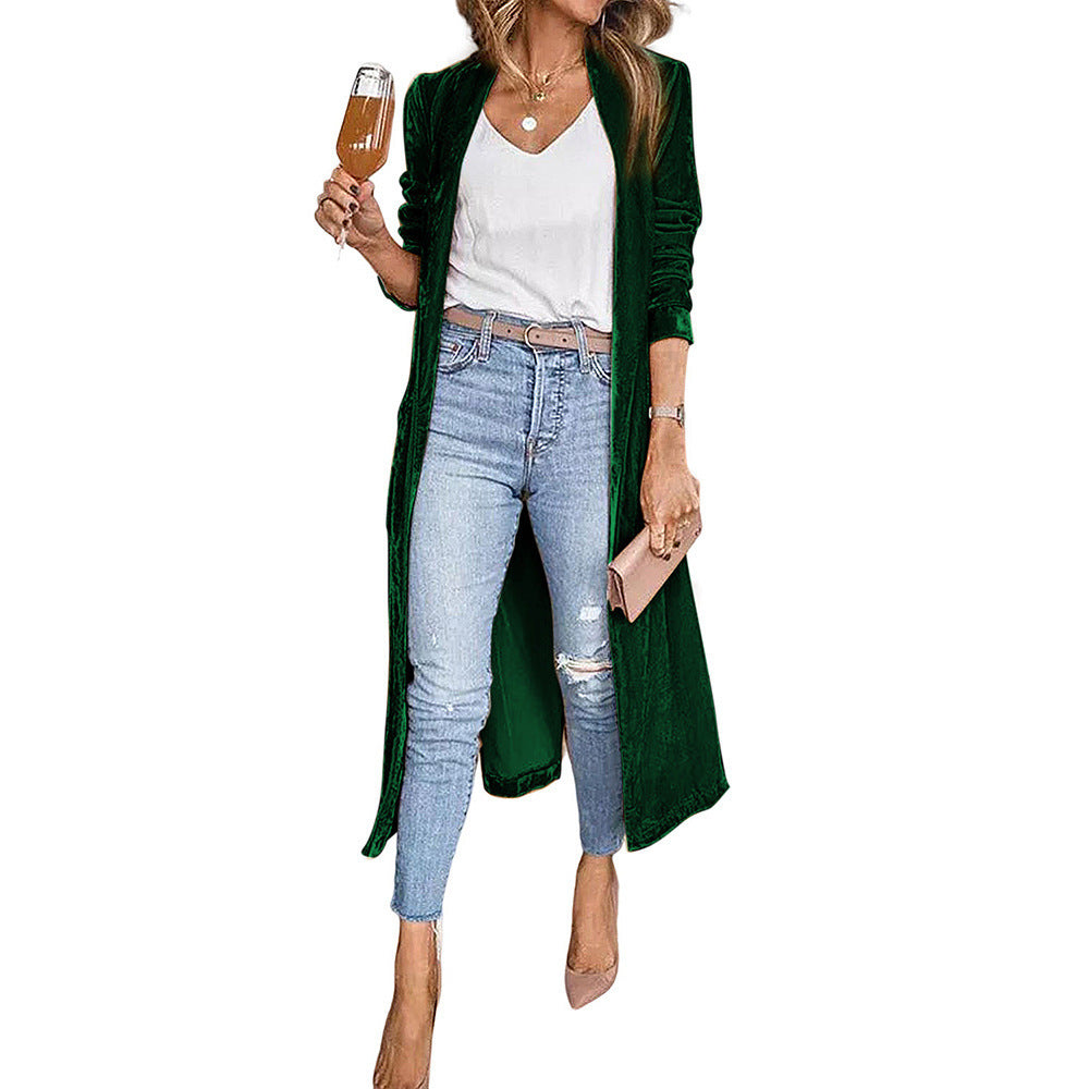 Fashion Women's Wear Solid Color Long-sleeved Cardigan Autumn Velvet Elegant Long Coat