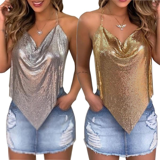 European And American Pure Color Sequins Backless Sleeveless Party Women's Shirt Camisole