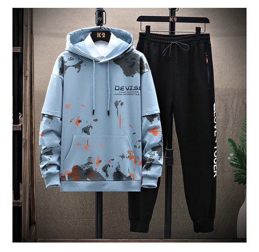 Printed Kangaroo Pocket Casual Sports Hooded Sweater Suit Men your world