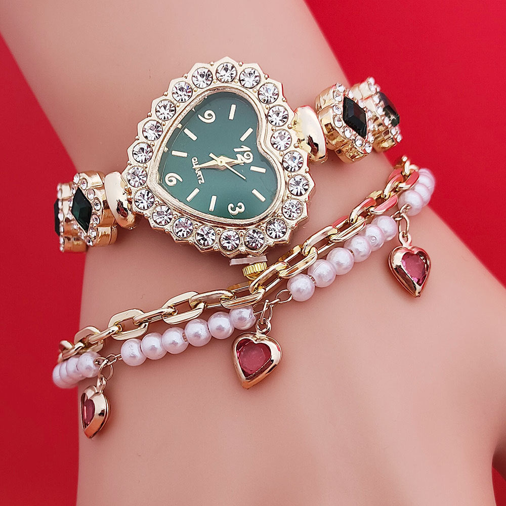 Fashion Diamond-embedded Love Heart-shaped Bracelet Watch Suit your world