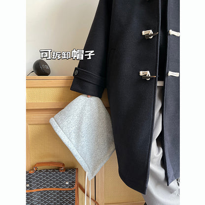 Detachable Hooded Horn Button Woolen Coat Men