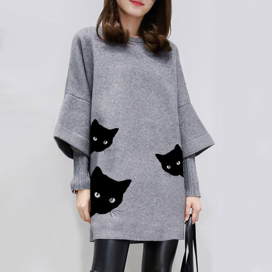 Women's Gray Round-collar Long-sleeved Prented Sweater